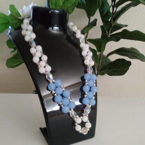 Faceted Glass Rondelle beads necklace in two-tone white and blue.